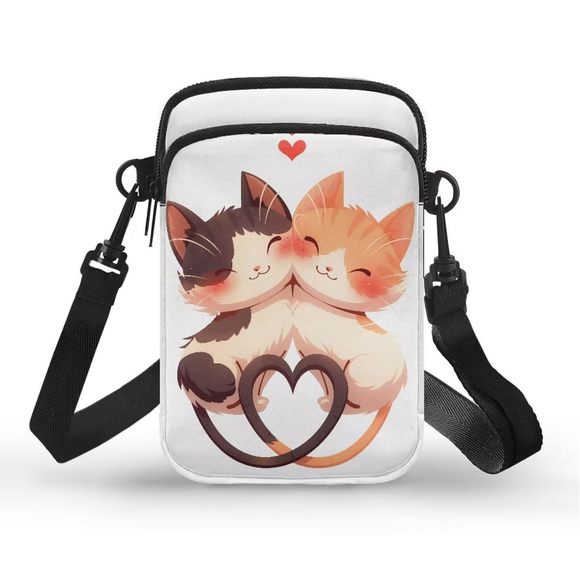 Lovely Cat Couple Small Crossbody Cell Phone Purse, Cartoon Kitty O_O - Picture 1 of 7